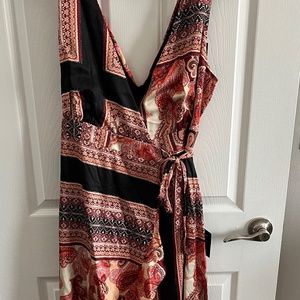Lulus Instantly Impressing Red Multi Scarf Print Satin Wrap Midi Dress Size L